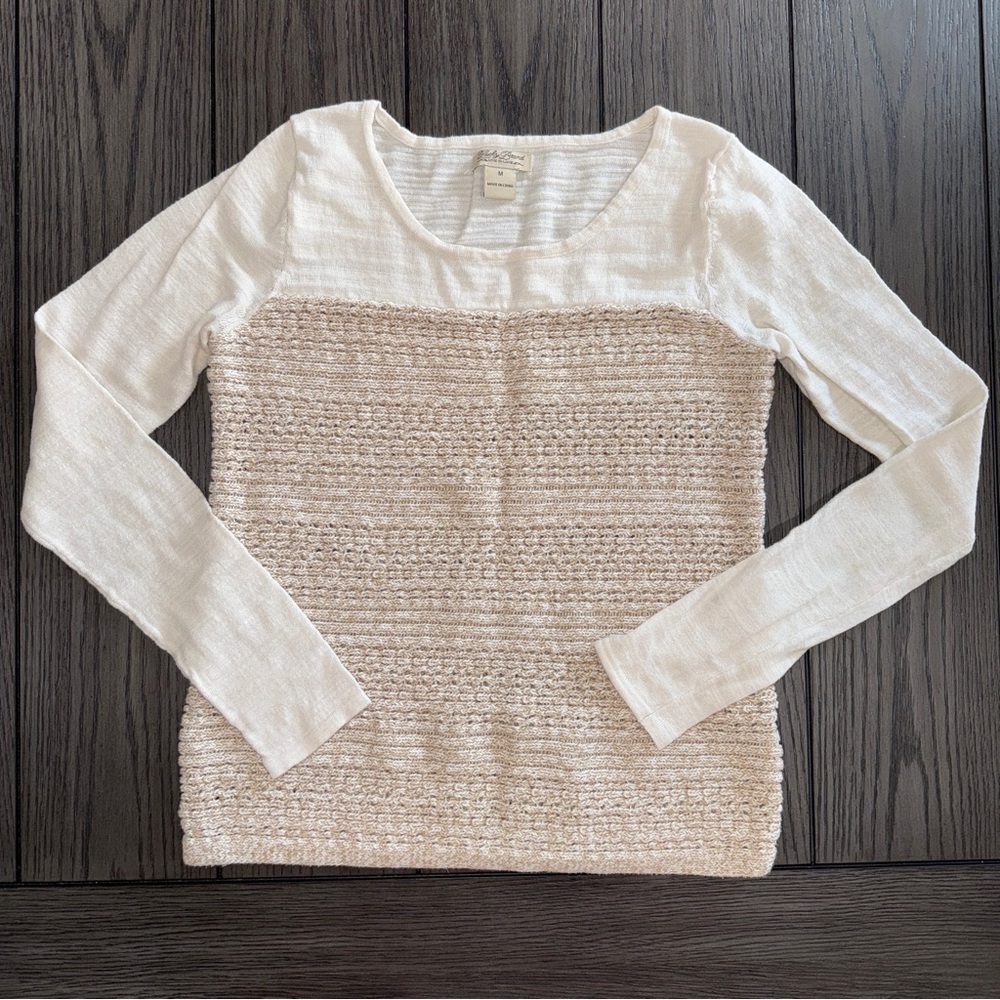 Lucky Brand Wool Crochet Knit Pullover Sweater Size Medium Coastal Boho Oatmeal